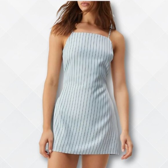 Nasty Gal Pinstripe Square Neck Open Back Mini Dress – Pale Blue - Size 4 - Picture 1 of 3